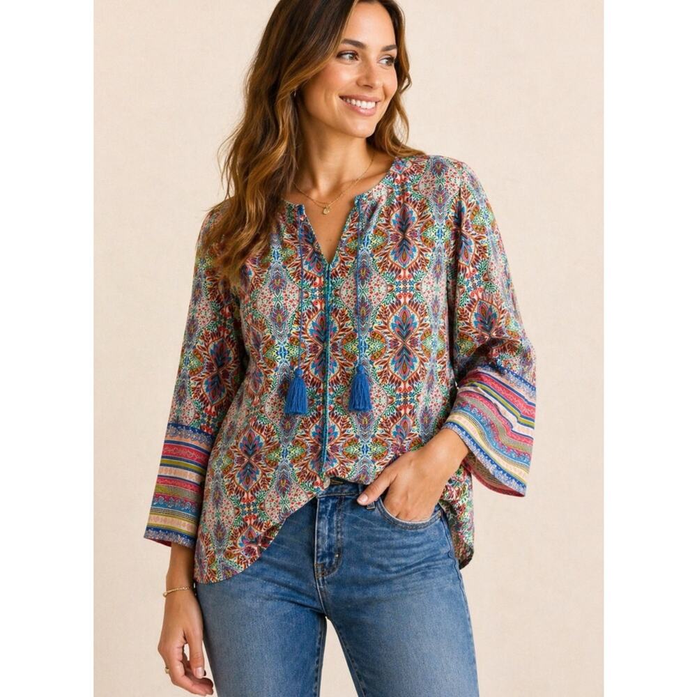 Sundance XS Boho Tassel Modal Tunic Top Paisley Print